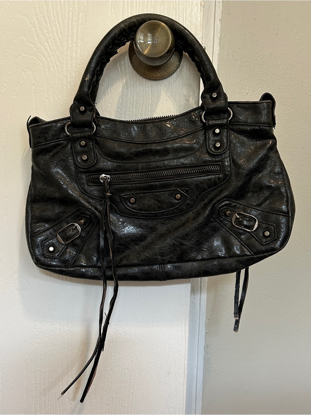 Balenciaga Black Leather Shoulder Bag with Tassel Zipper